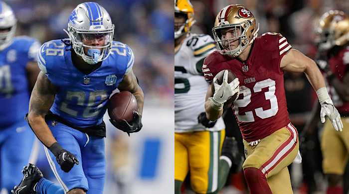 Lions running back Jahmyr Gibbs and 49ers running back Chistian McCaffrey